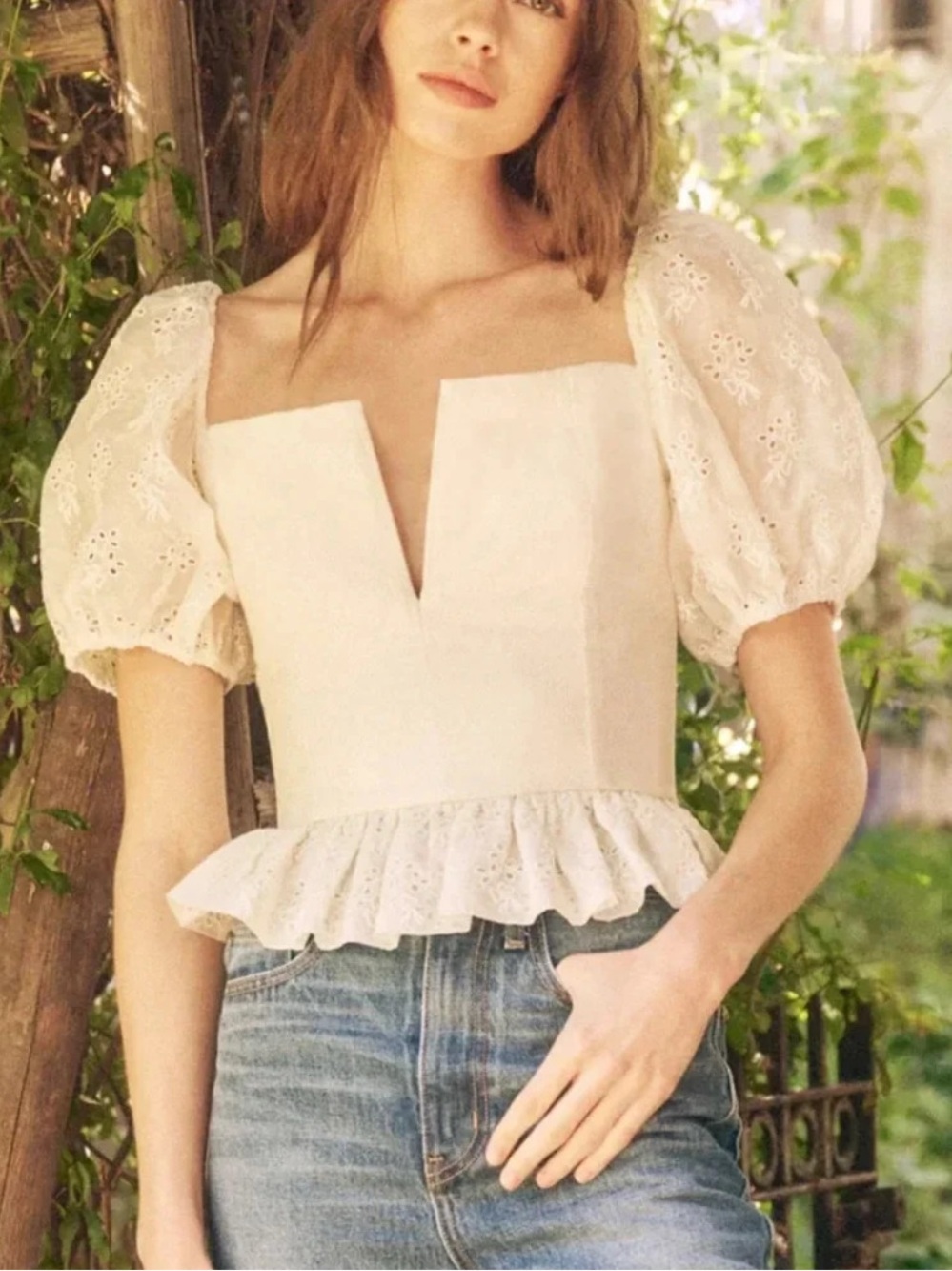The Great. The Primrose Corset Top Size 0 Cream Eyelet Puff Sleeve Coquette